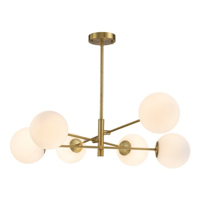 LLHZSY 6 Light Gold Brass Mid-Century Modern Ceiling Chandelier with White Globe Glass