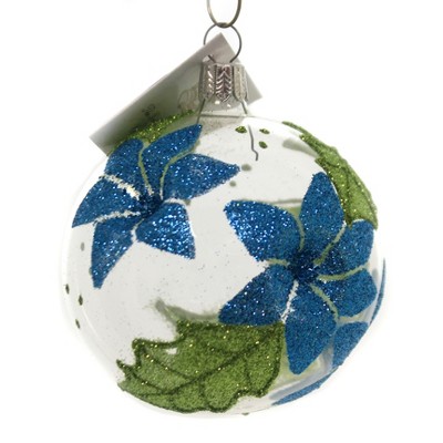 Golden Bell Collection 3.25" Turquiose Flower Ornament Ball Floral Glittered  -  Tree Ornaments
