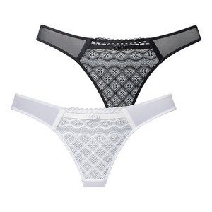 Women's 2 Pk Mesh Lace Thongs - LASCANA - 1 of 4