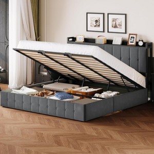 Lift Up Storage Bed Frame , Velvet Upholstered Hydraulic Platform Bed Storage Headboard , Wooden Slats, No Box Spring Needed - 1 of 4