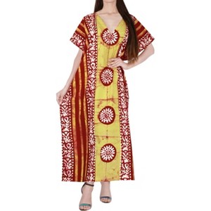 LA LEELA Women's Summer Batik Sleepwear Caftan Relaxed Fit V Neck Maxi Loungewear Dashiki House Dress Nightgowns for Women Plus size 3X-4X Red, Floral - 1 of 3