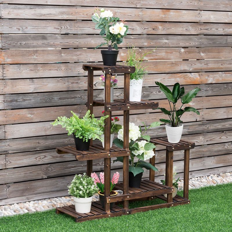 Costway Outdoor Wooden Plant Flower Display Stand 6 Wood Shelf Storage Rack Garden, 3 of 12