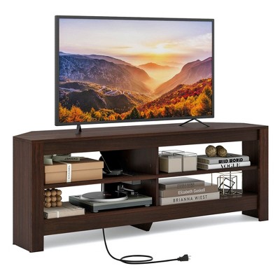 Costway 3-Tier Corner TV Stand with Power Outlet 4 Open Storage Shelves for Living Room White/Brown/Black