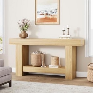 Solid Wood Console Table - Rustic Log Color Frame Design for Entryway & Living Room - 1 of 4