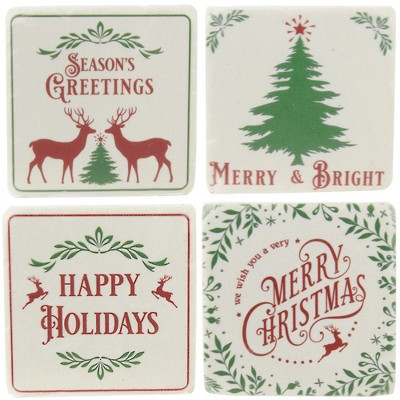 Tabletop 3.75" Holiday Text Coaster Set Christmas Holiday Deer Tree Ganz  -  Coasters