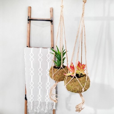 Set of 3 Green Moss Ball Hanging Planters with Jute Twine