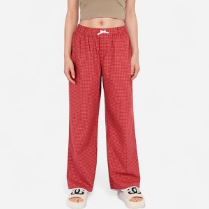 Anna-Kaci Lounge Women's Red Checkered Lounge Pants with Elastic Waistband White Bow Tie Detail and Relaxed Full-Length Wide Leg Fit - 1 of 4