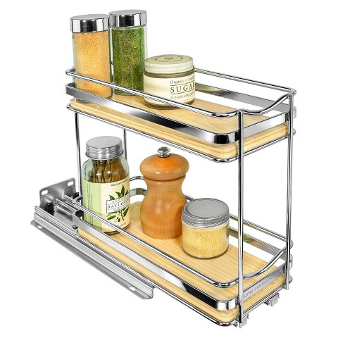 Lynk Professional Slide Out Vertical 4.25" Double Metal/Wood Spice Rack Silver: Pull Out Kitchen Organizer, Cupboard Mount