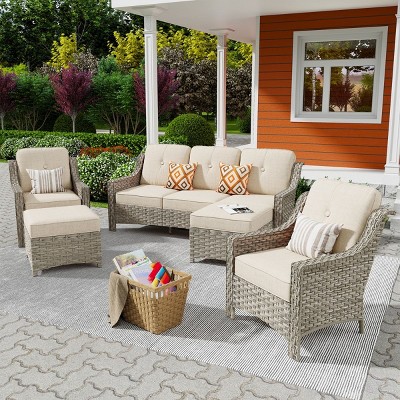 XIZZI 5 Pieces Wicker Furniture, Outside Conversation Set, 3-Seat Sofa with Cushion, High Back Rattan Chairs and Ottomans for Garden Backyard