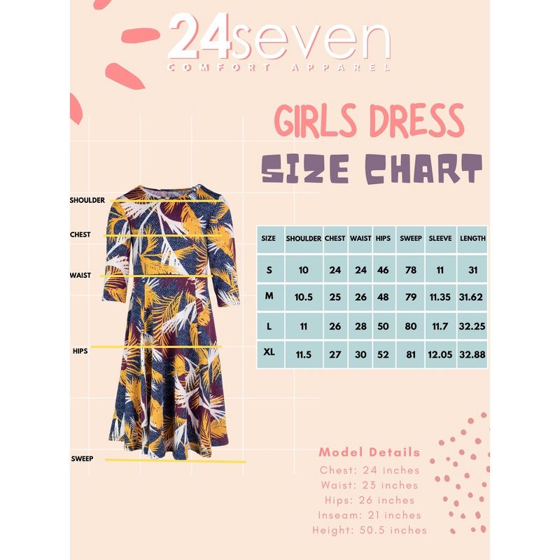 24seven Comfort Apparel Leaf Print Knee Length Fit and Flare Girls Comfortable Flowy Dress, 4 of 5