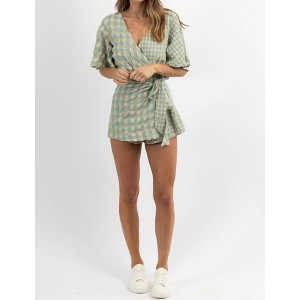 Women's GINGHAM WRAP ROMPER - day + moon - 1 of 4