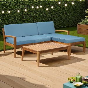 78" Outdoor Patio L-Shaped Acacia Wood Sectional Sofa Set with Coffee Table and Ottoman - 1 of 4