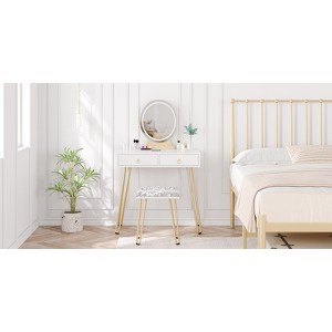 Vanity Desk Set, Makeup Vanity with Soft Cushioned Stool, 2 Drawers Makeup Table, Small White Vanity Table for Bedroom - 1 of 4