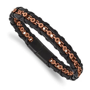 Black Bow Jewelry Rose Tone/Black Plated Stainless Steel Black Leather Bracelet, 8.5 In - 1 of 4