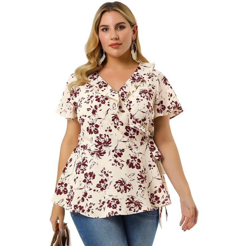 Agnes Orinda Women's Plus Size Relaxed Fit Ruffle Neck Floral Wrap Tie Waist Blouse, 5 of 8
