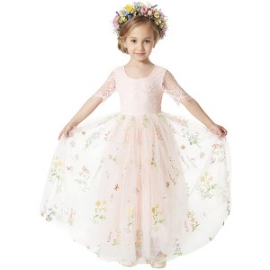 2Bunnies Girls 3-10Y Floral Garden Embroidered Tulle Lace Girl Dress Short Sleeve Maxi - 1 of 4