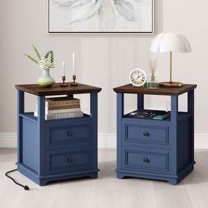 MUUEGM 18.1" Farmhouse Night Stand| Rustic Wood End Table with Charging Station, Open Shelf, 2 Storage Drawers - 1 of 4