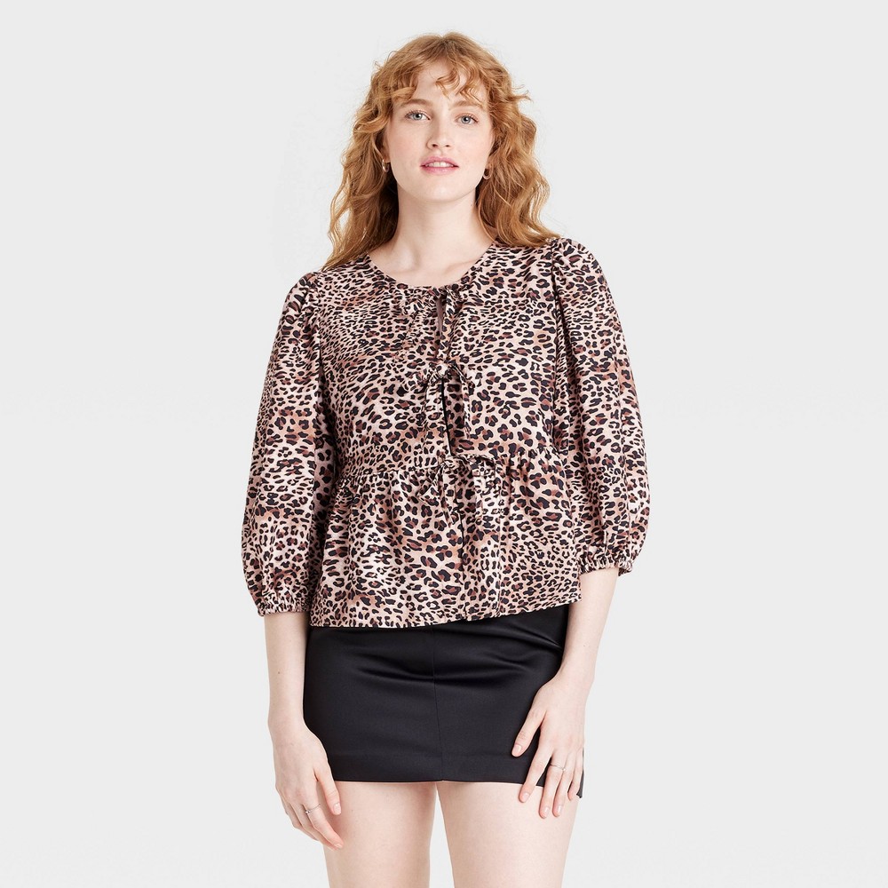 Women's Balloon 3/4 Sleeve Blouse - A New Day™ Brown Leopard Print XL