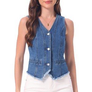 INSPIRE CHIC Women's Sleeveless V-Neck Frayed Raw Hem Denim Jean