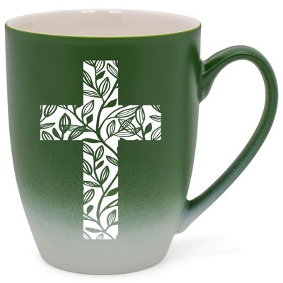 Elanze Designs Cross Leaf Two Toned Ombre Matte Green and White 12 ounce Ceramic Stoneware Coffee Cup Mug