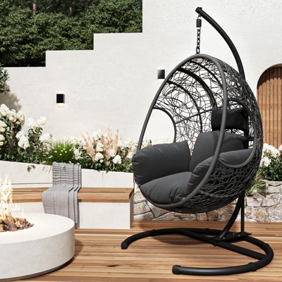 FURNIinspire Patio Swings Hanging Chair With Seat Cushion For Relaxation, Outdoor Indoor Wicker Swing Egg Chair With Stand, Gray, 42“*47"*73"