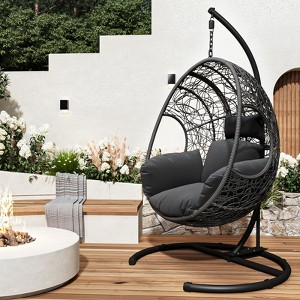 FURNIinspire Patio Swings Hanging Chair With Seat Cushion For Relaxation, Outdoor Indoor Wicker Swing Egg Chair With Stand, Gray, 42“*47"*73" - 1 of 4