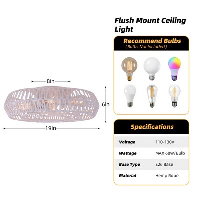 White Metal and Hemp Bohemian Flush Mount Ceiling Light