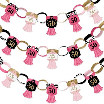 Big Dot of Happiness Chic 50th Birthday - Pink - 90 Chain Links and 30 Paper Tassels Decoration Kit - Birthday Party Paper Chains Garland - 21 feet