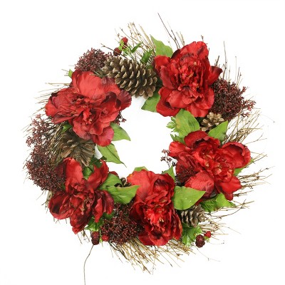 Allstate 24" Unlit Red Peony, Sedum and Pine Cones Floral Artificial Christmas Wreath