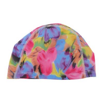 Unique Bargains Polyester Flower Pattern Swim Cap 5.91"x9.25" Pink Blue Yellow 1 Pc