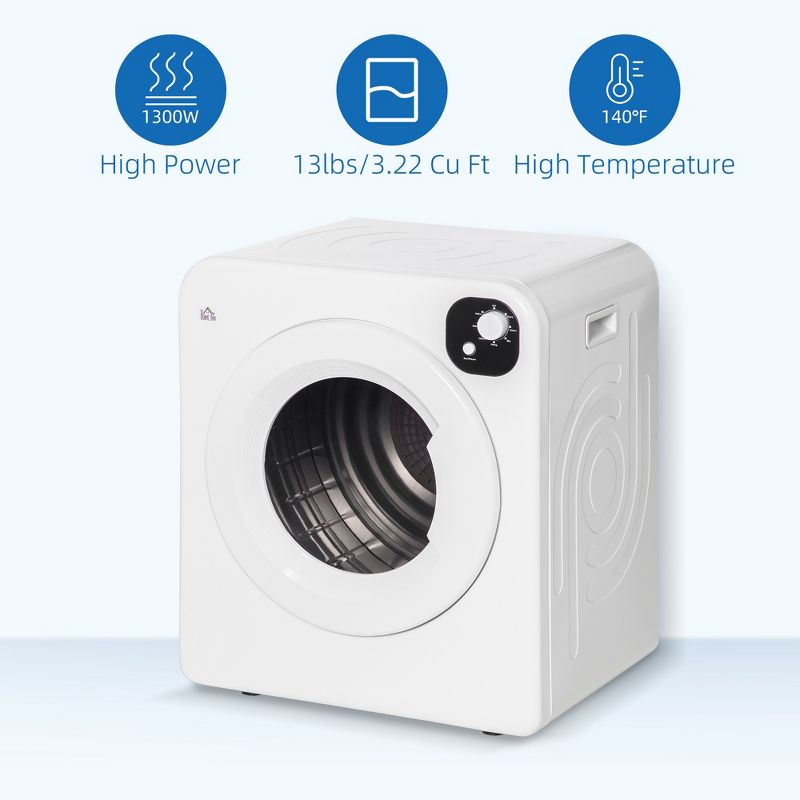 HOMCOM Compact Laundry Dryer Machine, 1300W, 3.22 Cu. Ft. Electric Automatic Portable Clothes Dryer with 7 Drying Modes for Apartment or Dorm, White, 6 of 8
