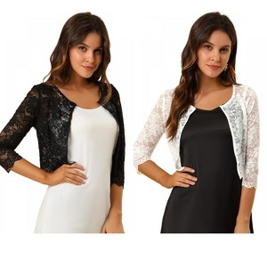 Allegra K Women's Elegant 3/4 Sleeve Sheer Floral Lace Cropped Bolero Shrugs 2 Packs - 1 of 4