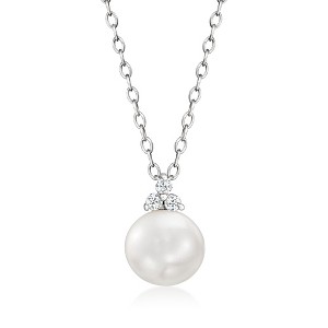 Ross-Simons 8-8.5mm Cultured Pearl Pendant Necklace With Diamonds in Sterling Silver Size 18 - 1 of 3