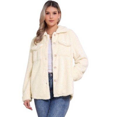INSPIRE CHIC Women's Faux Fur Lapel Collar Button Down Outerwear Fleece Jacket