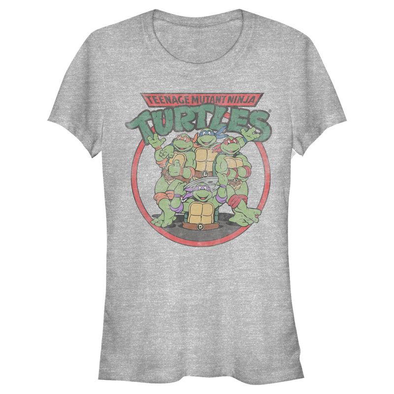 Juniors Womens Teenage Mutant Ninja Turtles Distressed Ninjas Circle T-Shirt, 1 of 5