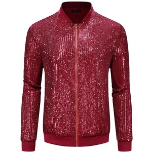 Lars Amadeus Men's 70s Disco Zipper Metallic Shiny Sequin Varsity Jacket - 1 of 4