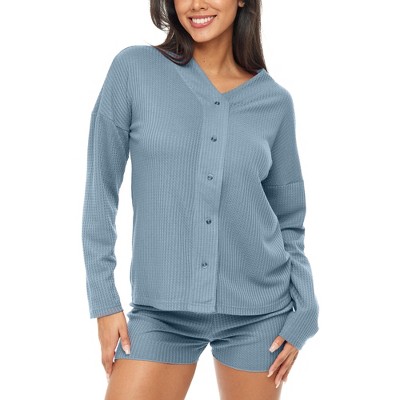 ADR Women's Pajamas Set, Soft Ribbed Knit Waffle Pajamas Lounge Set, Long Sleeve Sweater Top Shirt and Shorts
