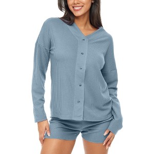 ADR Women's Pajamas Set, Soft Ribbed Knit Waffle Pajamas Lounge Set, Long Sleeve Sweater Top Shirt and Shorts - 1 of 4
