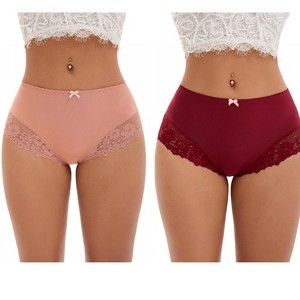 INSPIRE CHIC 2 Pcs Women's Lace Trim High Waist Briefs Seamless Lace Back Underwear Panties - 1 of 4