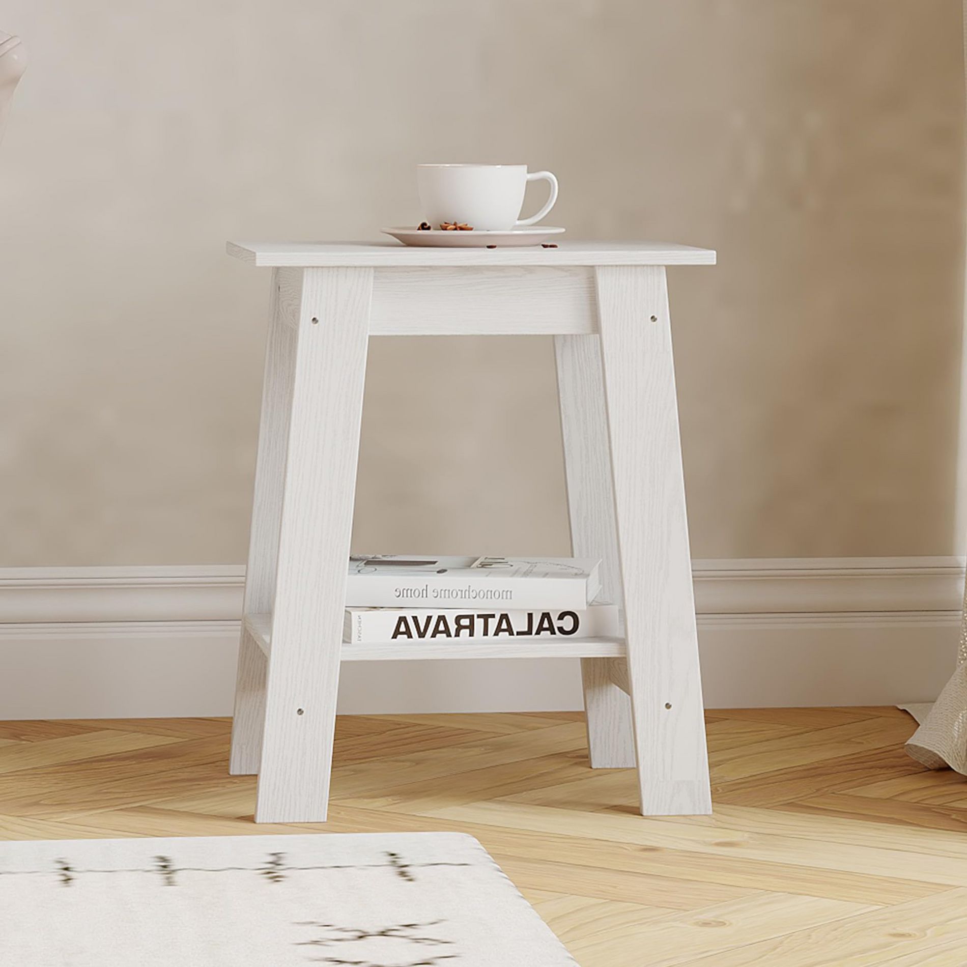 ODK End Table with Double Storage Shelves, Small Space Side Table for Farmhouse Bedroom, Studio Apartment, Entryway, White