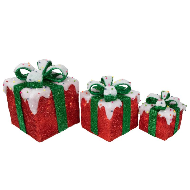 Northlight Set of 3 Lighted Snow and Candy Covered Sisal Gift Boxes Christmas Outdoor Decorations, 5 of 7