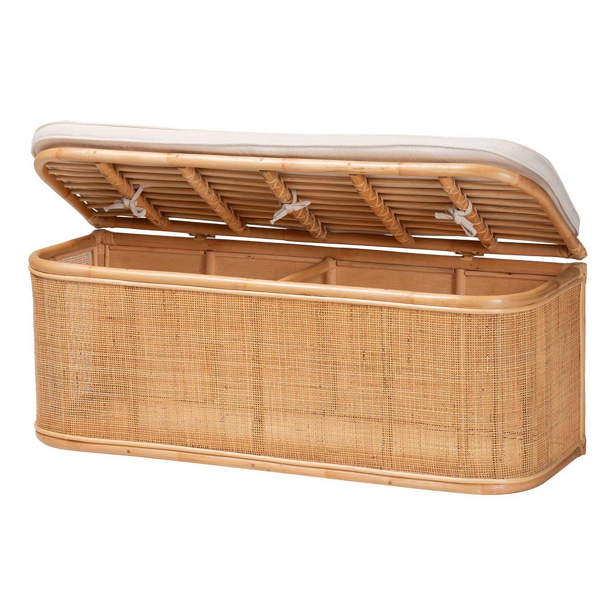 bali & pari Ishana Natural Rattan Storage Bench Natural/White: Upholstered Polyester, Plywood Frame, No Assembly Required - thumbnail 3