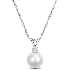 EVERLY JEWELRY | 14k White Gold Diamond and 7-7.5 MM Cultured Pearl Pendant with Chain, 17" - 1 of 4