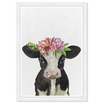 Gray and White Floral Cow Animals Framed Wall Art, 13" x 19"