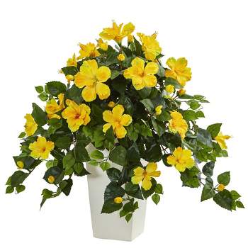Nearly Natural 27-in Hibiscus Artificial Plant in White Tower Planter
