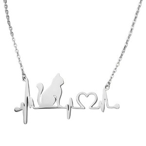 Cat Heartbeat Necklace for Women Kitty Pendant and Chain Silver Tone Stainless Steel Ginger Lyne Collection - 1 of 4