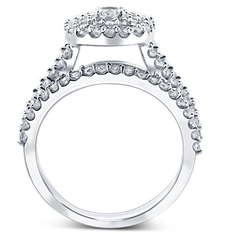 Pompeii3 1 1/10 Ct Lab Created Diamond Cushion Halo Engagement Wedding Ring Set White Gold, 3 of 6