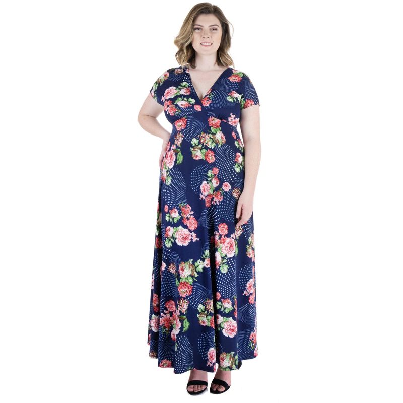 24seven Comfort Apparel Floral Cap Sleeve Empire Waist Plus Size Maxi Dress, 1 of 5