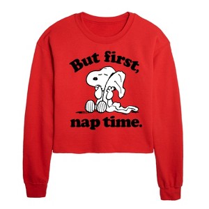 - Peanuts - Snoopy First Nap Time Cropped Long Sleeve Crew Neck Sweatshirt - 1 of 4