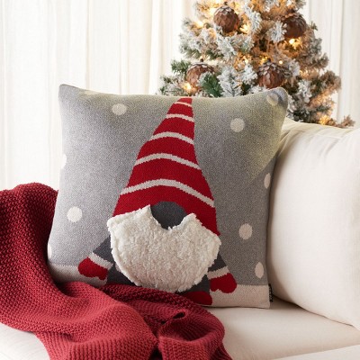 Grey and Red Cotton Peppermint Elf 18" Square Pillow